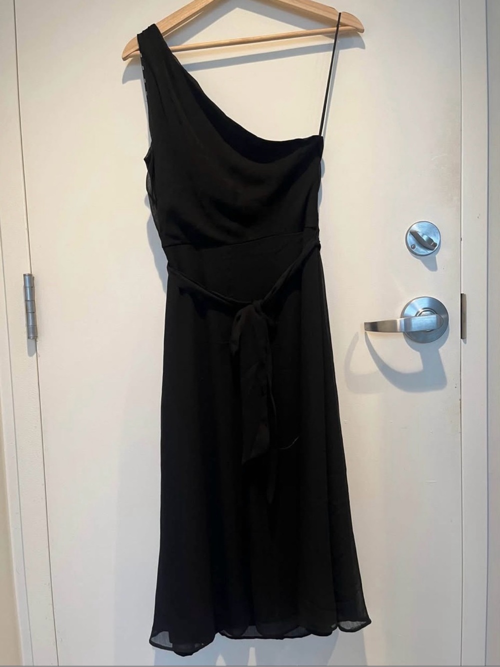 DKNY - One-Shoulder Black Midi Dress with Waist Tie